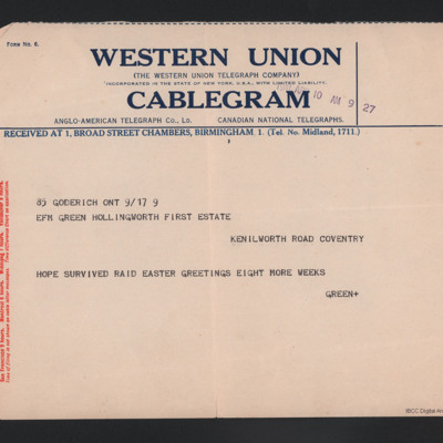Telegram from Alan Green to his father